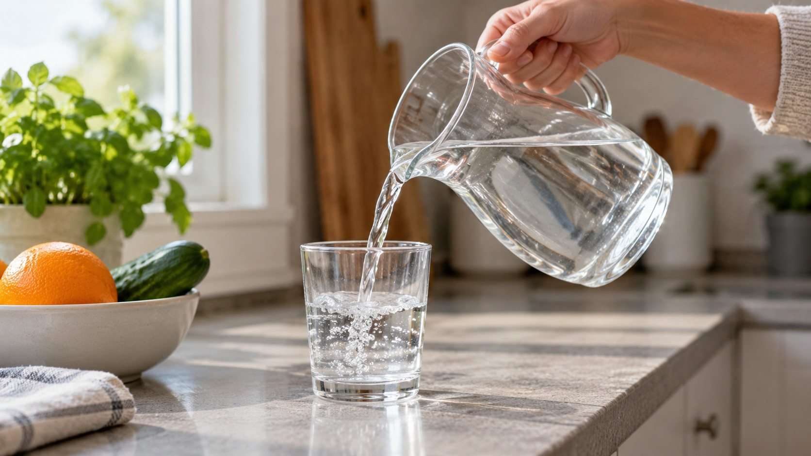 Una mano rellenando un vaso con agua en una cocina.