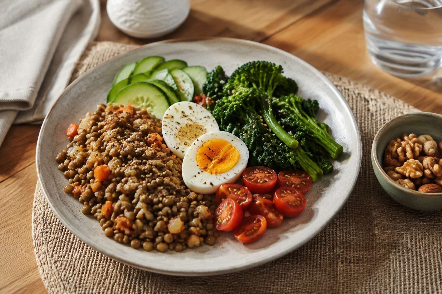 Plato equilibrado con legumbres, huevo, semillas y verduras